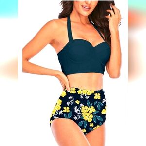 Vintage floral High Waisted Bathing‎ Suits Bikini Set blue Sz S